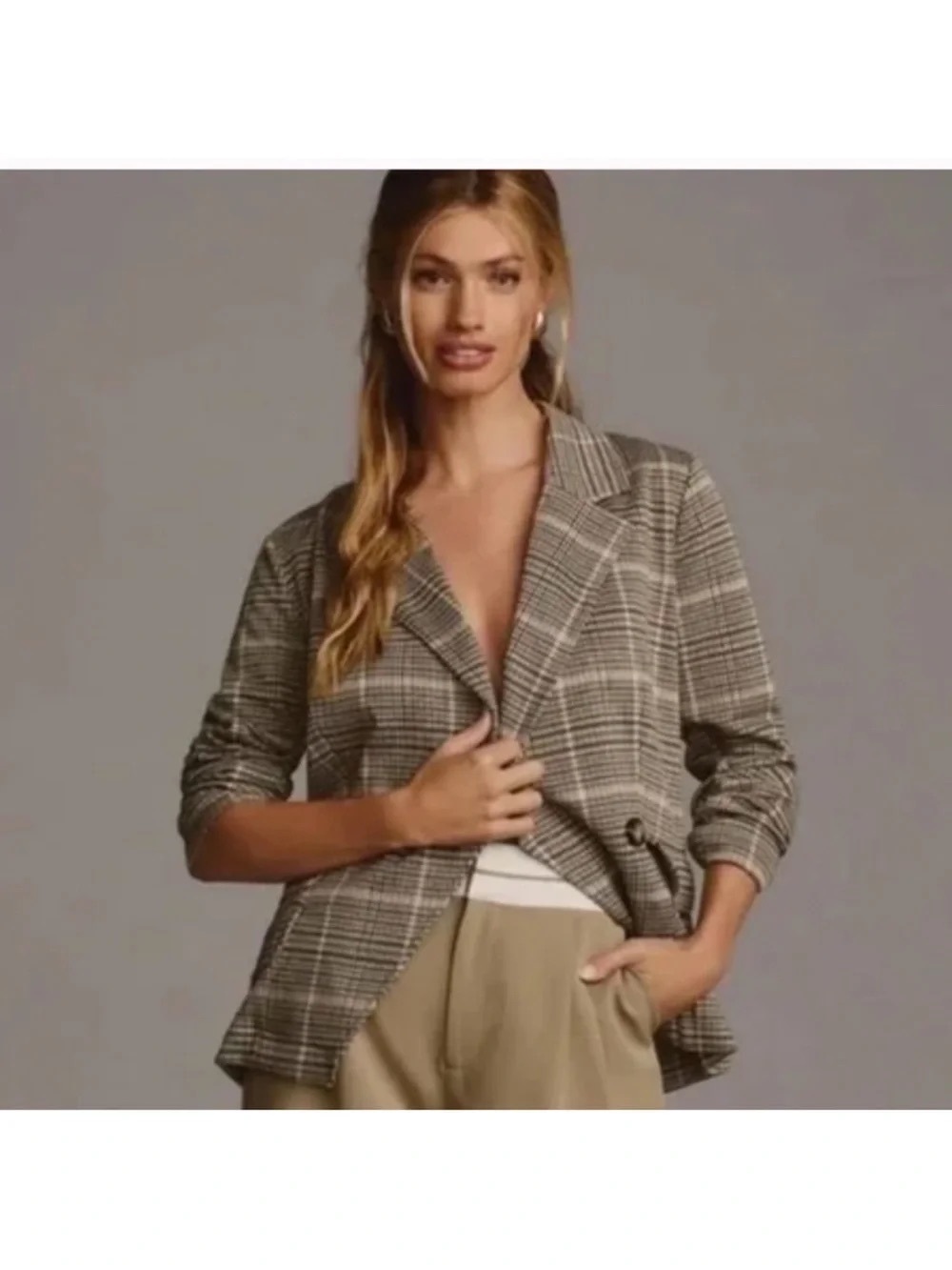 Anthropologie Maeve Plaid Blazer Houndstooth Collegiate Knit Double Breasted